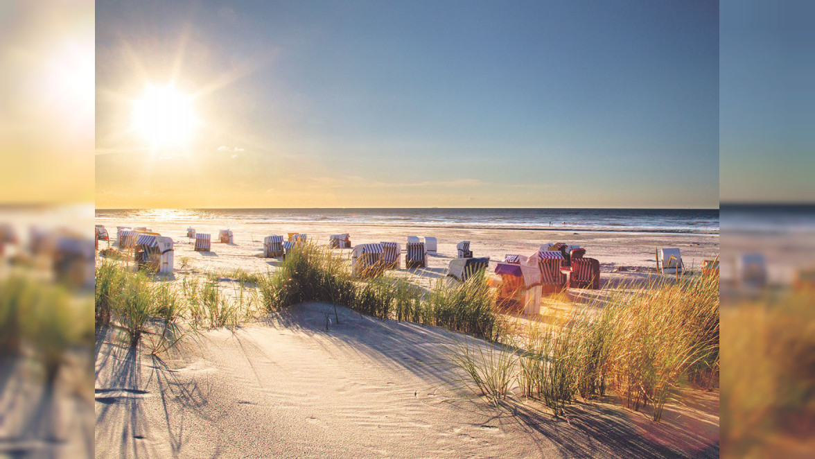 Sonnenuntergang am Nordseestrand auf Juist. Fotos: DirkR/stock.adobe.com; Nicolas Chibac; Ostfriesische Inseln GmbH/Janis Meyer