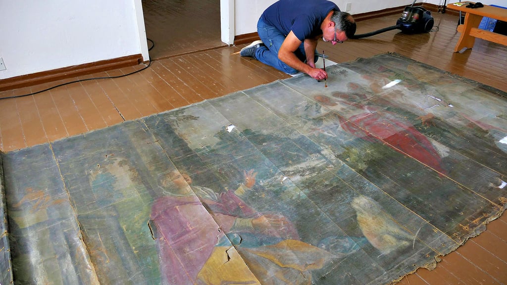 Diplom-Restaurator Tino Simon befreit das über vier Meter große Gemälde, das einst in der Schlosskirche der Lichtenburg in Prettin hing, vom Staub der Jahrhunderte,  um es für  die Zukunft zu sichern.
