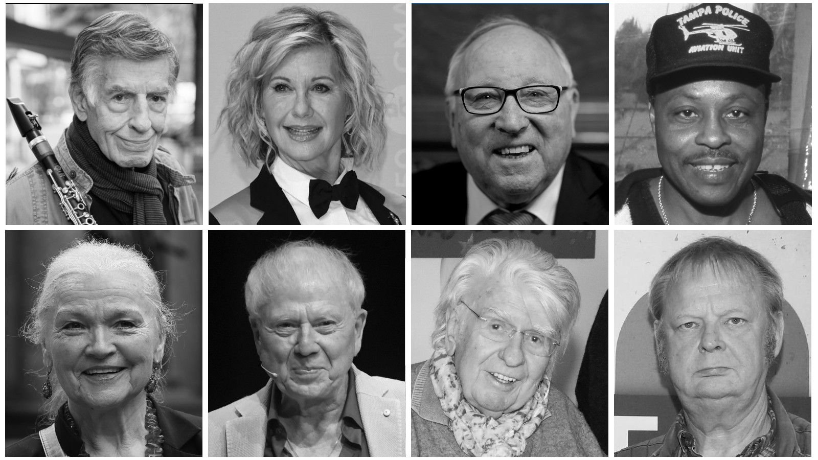 Zu den prominenten Todesfällen des Jahres 2022 gehören auch: o.v.l.: Rolf Kühn, Olivia Newton-John, Uwe Seeler, Roger E. Mosley; (unten v.l.:) Eva-Maria Hagen, Wolfgang Petersen, Heinz Behrens und Fritz Roth.