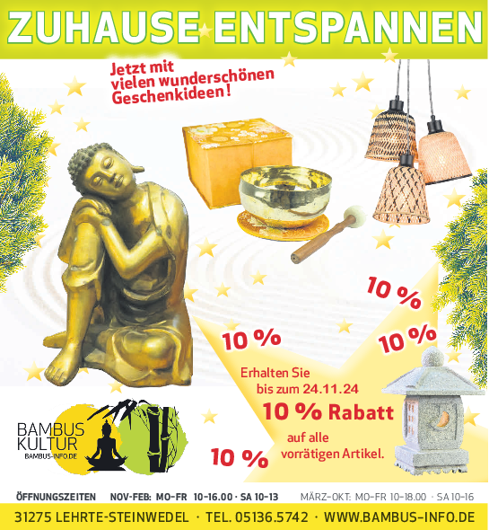 Eine groe Auswahl an Klangschalen, Klangspielen und Gongs gibt es bei  Bambus-Kultur zu entdecken. Natrliche Dfte von Primavera verwandeln Rume  in Wohlfhloasen. - Hannoversche Zeitung