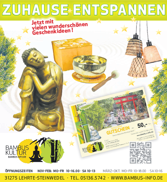 Im Bambus-Paradies in Steinwedel gibt es jetzt wunderbare Wohlfhl-Artikel  fr ein kuscheliges Zuhause. Eine groe Auswahl an Klangschalen,  Klangspielen, Naturdften, Lampen und vieles mehr. - Hannoversche Zeitung