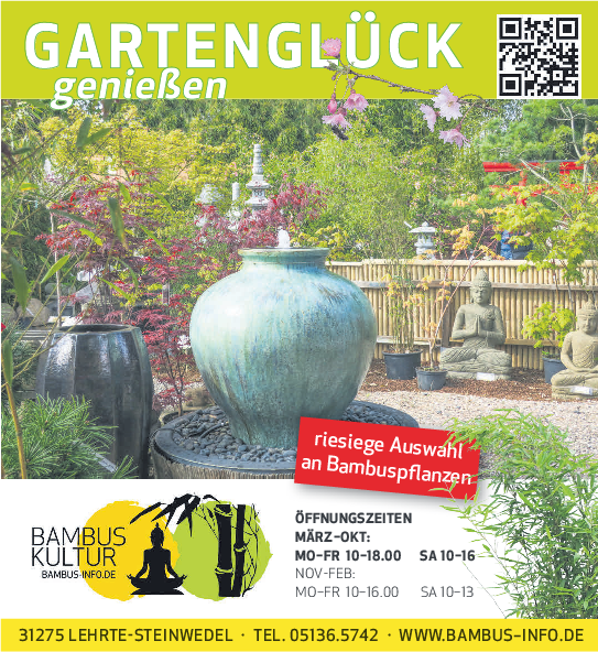 Ein Besuch im Bambusparadies lohnt sich. Vor Ort runden eine Fachberatung,  Klangschalen, Gongs, Dfte und schne Accessoires das groe Angebot an  Bambuspflanzen und Kbelpflanzen ab. - Hannoversche Zeitung