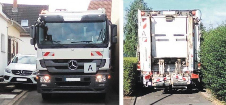 Parkende Fahrzeuge und Grünwuchs behindern die Entsorgungsfahrzeuge bei der Abfallabfuhr 