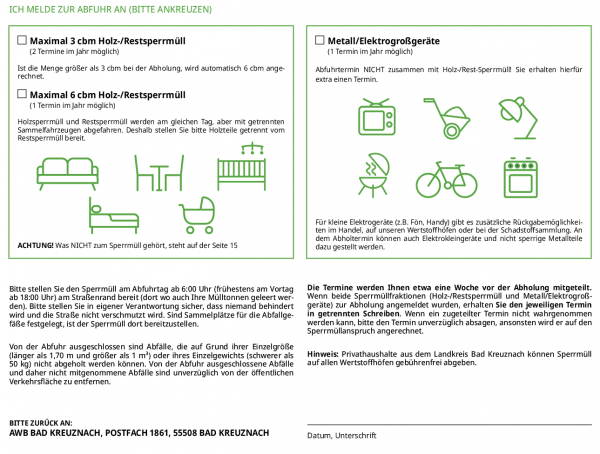 SPERRMÜLLANMELDUNG NUR FÜR PRIVATHAUSHALTE